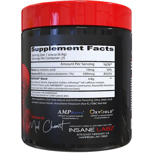Insane Labz Redrum scoop dispenses servings for a fast pre-workout pick-me-up.