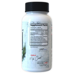 Insane Labz SAW label ingredients close-up featuring Niacin and Yerba Mate for focus.