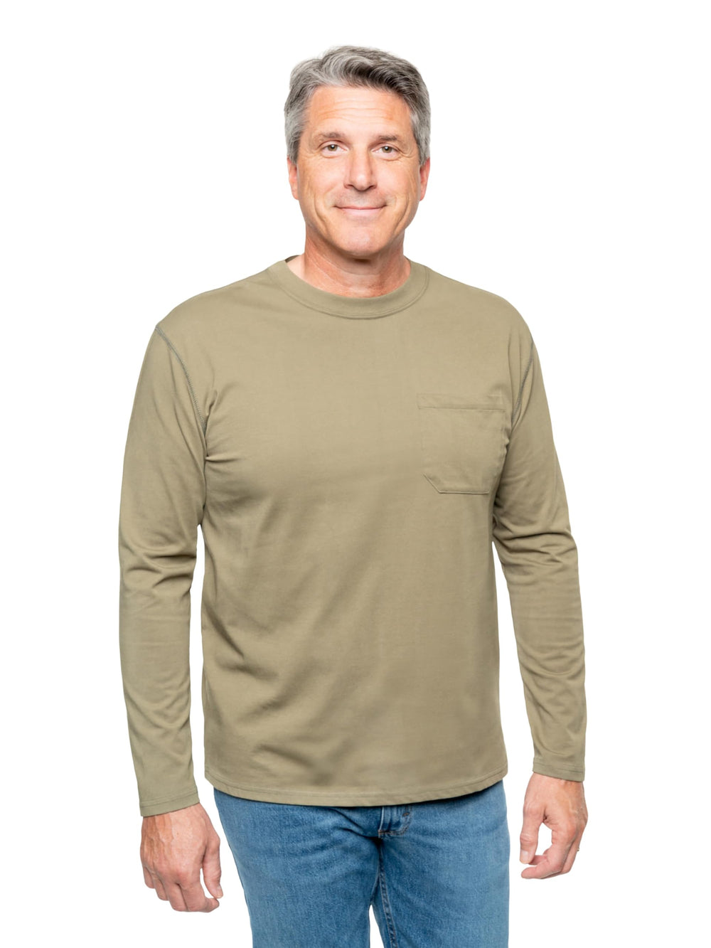 Insect Shield men's UPF long sleeve pocket t-shirt front view with repellent fabric