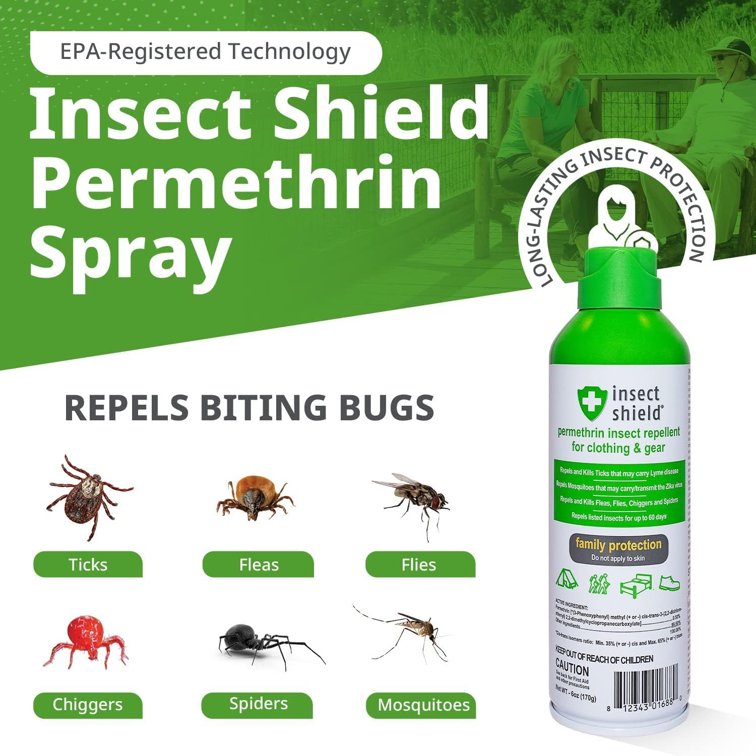 Insect Shield spray on hiking pants providing durable fabric protection