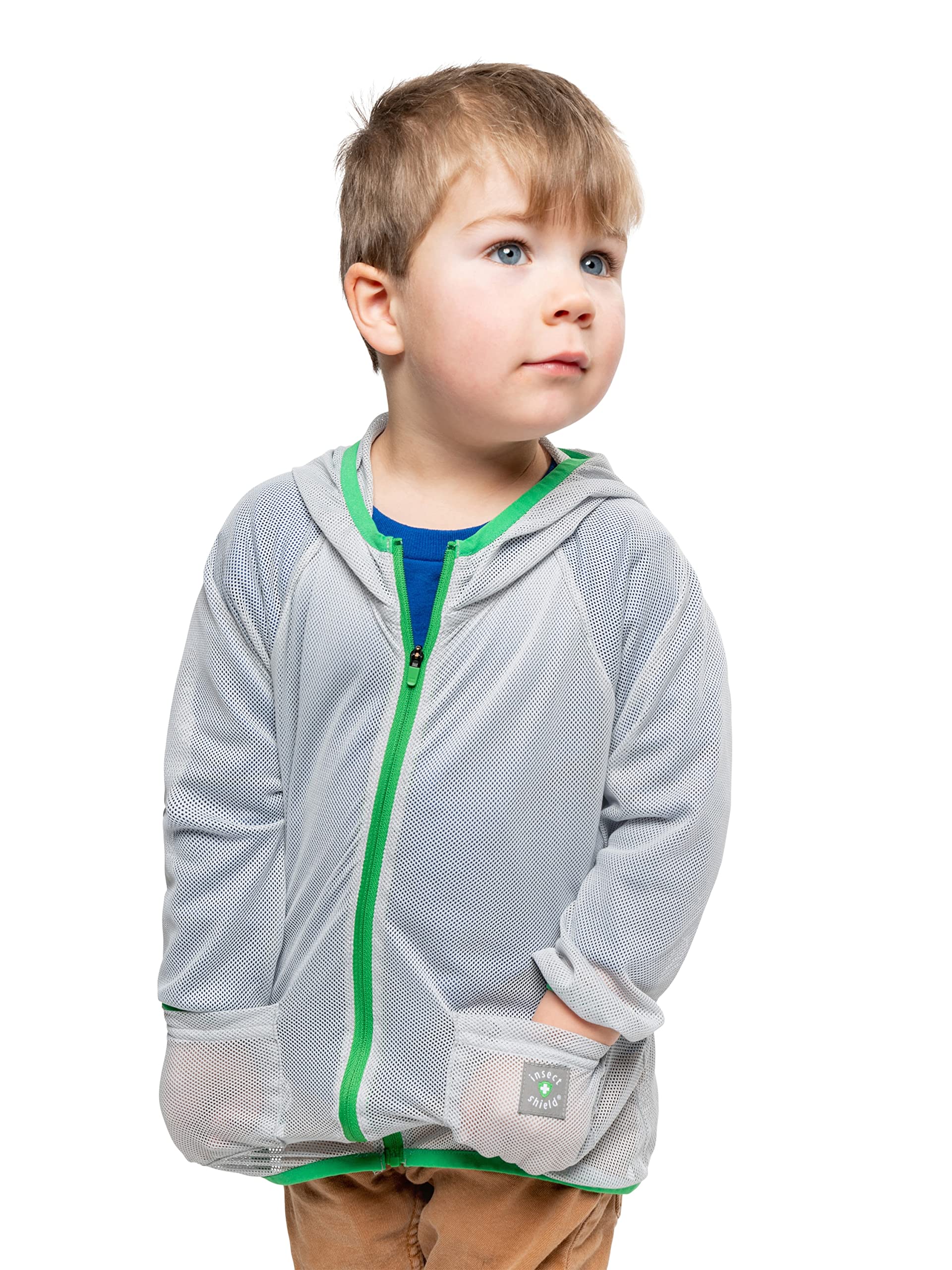Insect Shield Toddler HaloNet Hoodie front view on a child outdoors for protection.