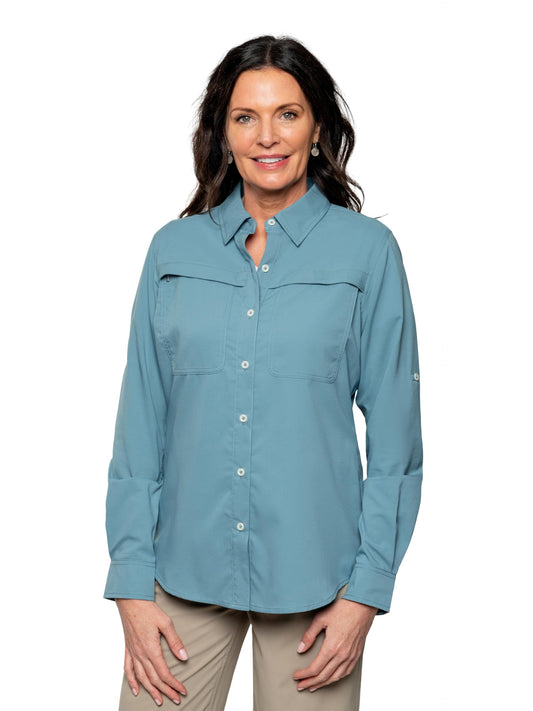 Insect Shield Women's Elements Lite long sleeve shirt front view shows breathable fabric and protective features.