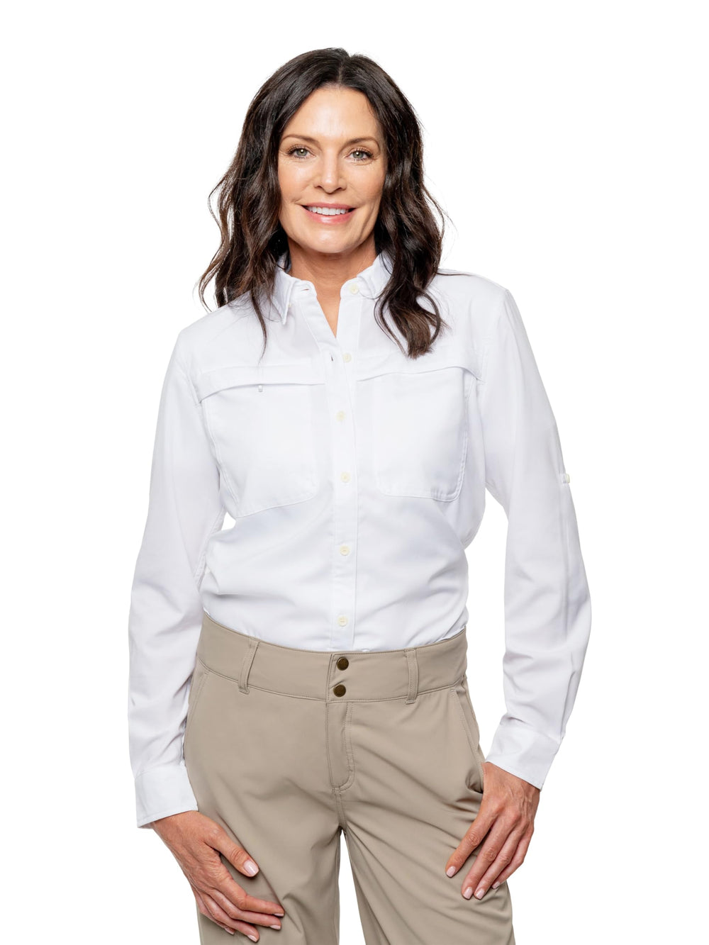 Insect Shield Women's Elements Lite shirt white, front view, lightweight insect protection.