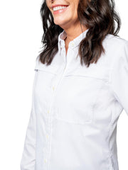 Insect Shield Women's Elements Lite shirt white, pocket with zipper, secure storage.