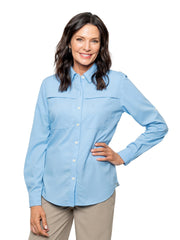 Insect Shield Women's Elements Lite Shirt sky blue back view showing breathable mesh cape