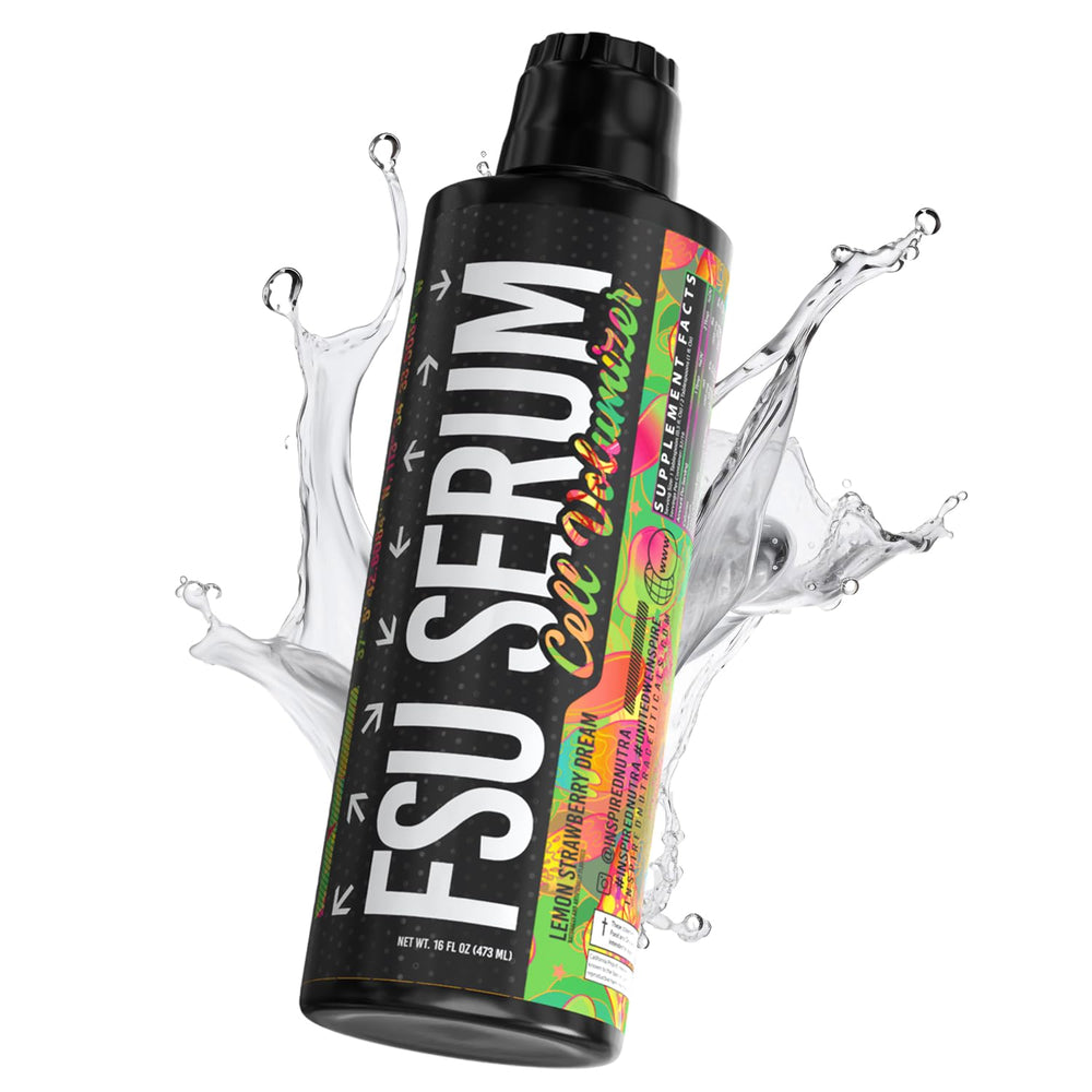 Inspired Nutraceuticals FSU Serum bottle pouring shows stimulant-free pump support.