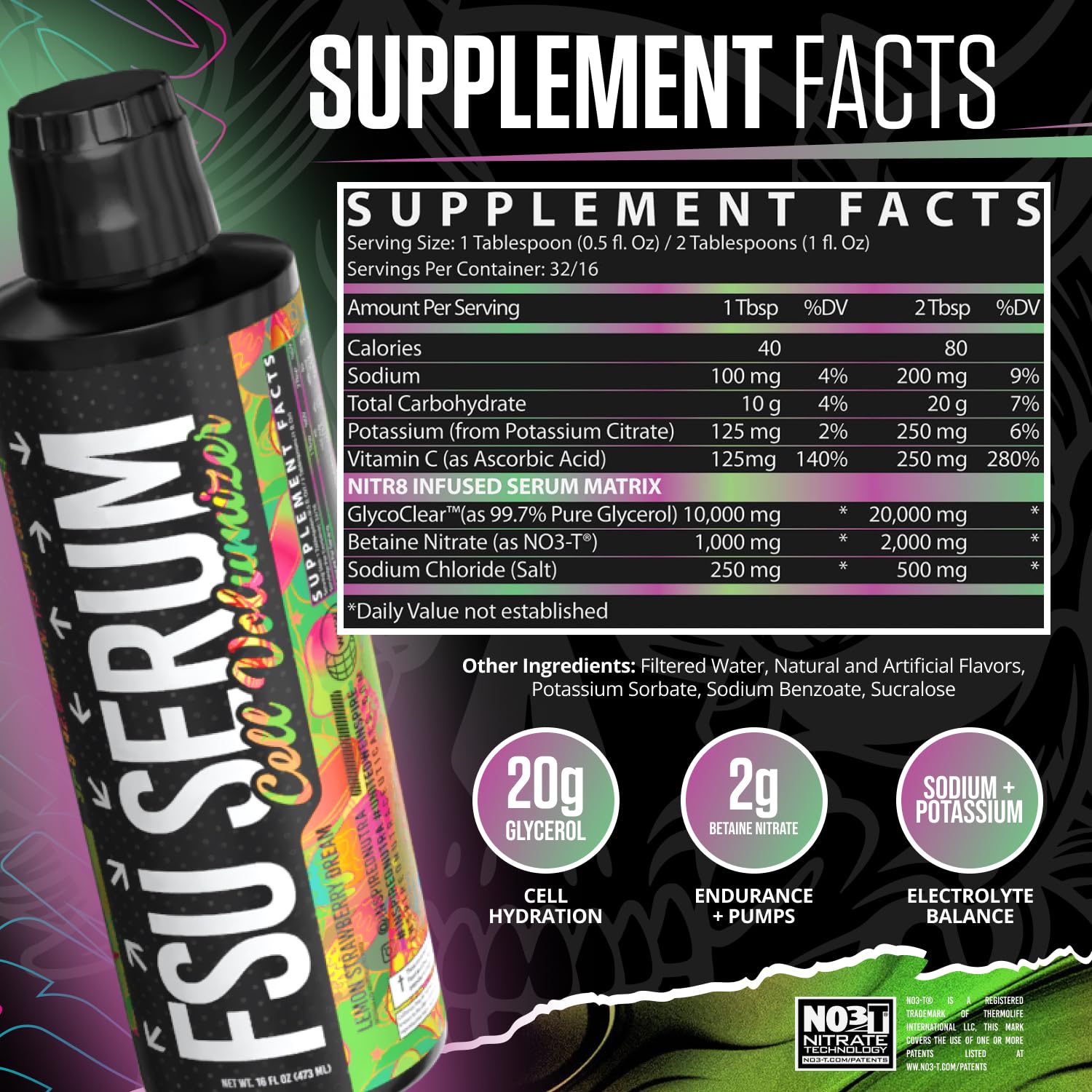FSU Serum label closeup emphasizes 20 g glycerol and other ingredients.