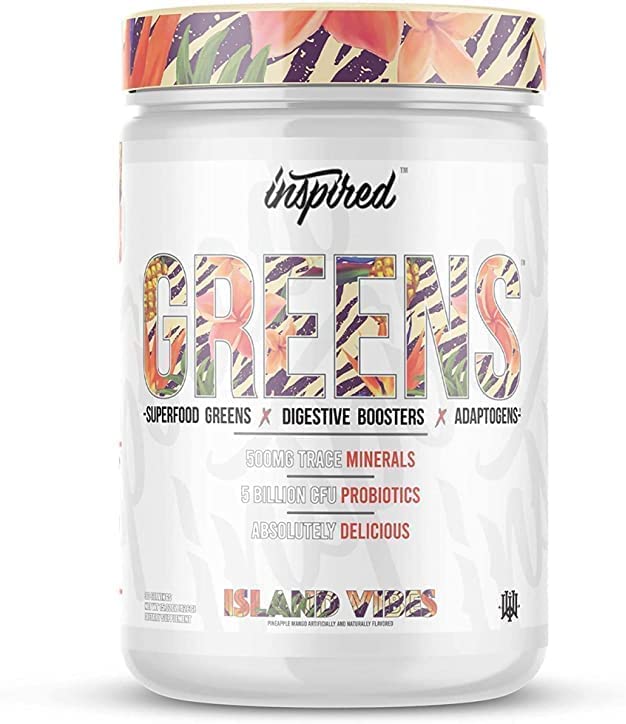 Inspired Nutraceuticals Greens Powder tub label with vibrant green hue for daily energy