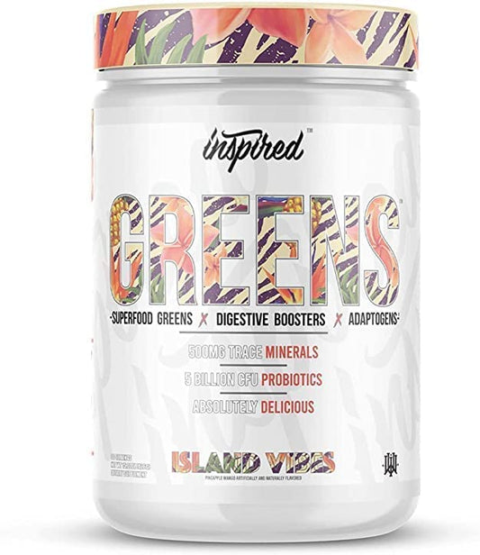 Inspired Nutraceuticals Greens Powder tub label with vibrant green hue for daily energy