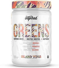 Inspired Nutraceuticals Greens Powder tub label with vibrant green hue for daily energy