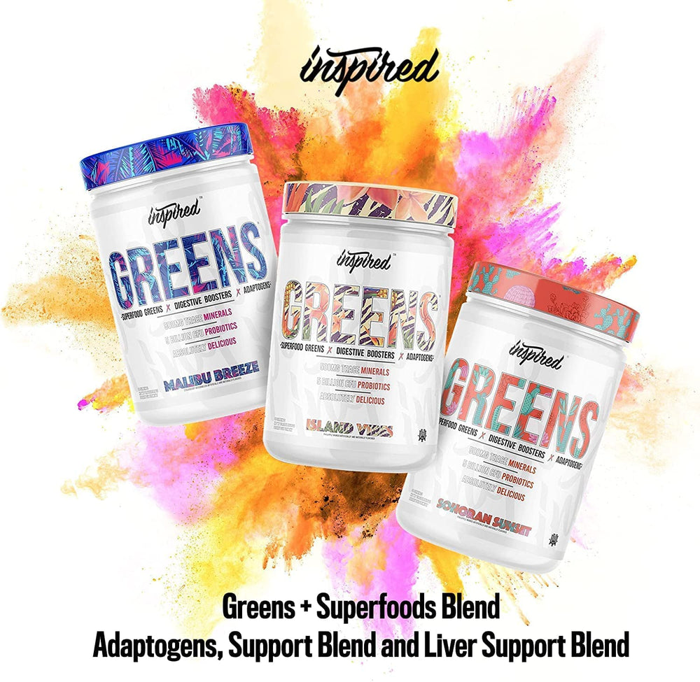 Probiotic and enzyme blend beside greens powder highlighting gut-friendly digestion