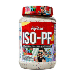 Inspired Nutraceuticals ISO-PF whey packaging shows pasture-fed sourcing and clean ingredients.
