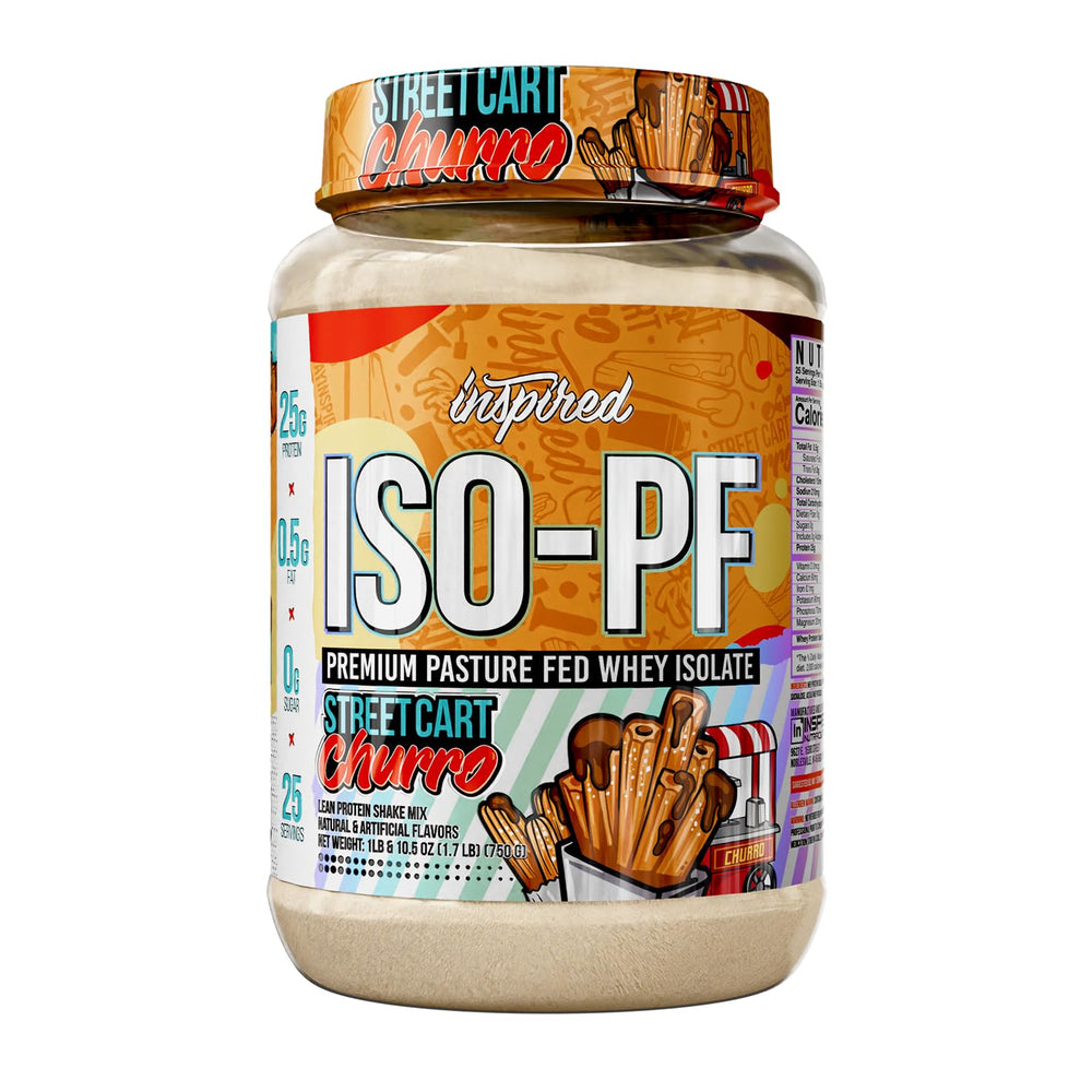 Inspired Nutraceuticals ISO-PF whey isolate bottle highlights pasture-fed sourcing and clean label.