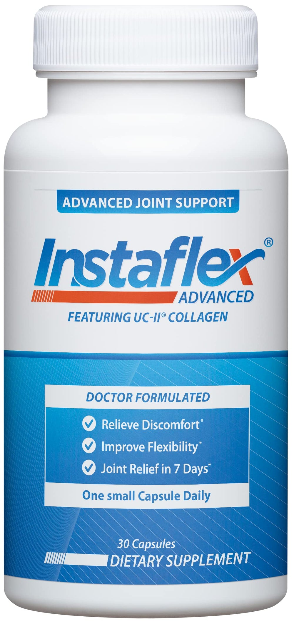 Instaflex Advanced bottle front shows joint support for an active lifestyle.