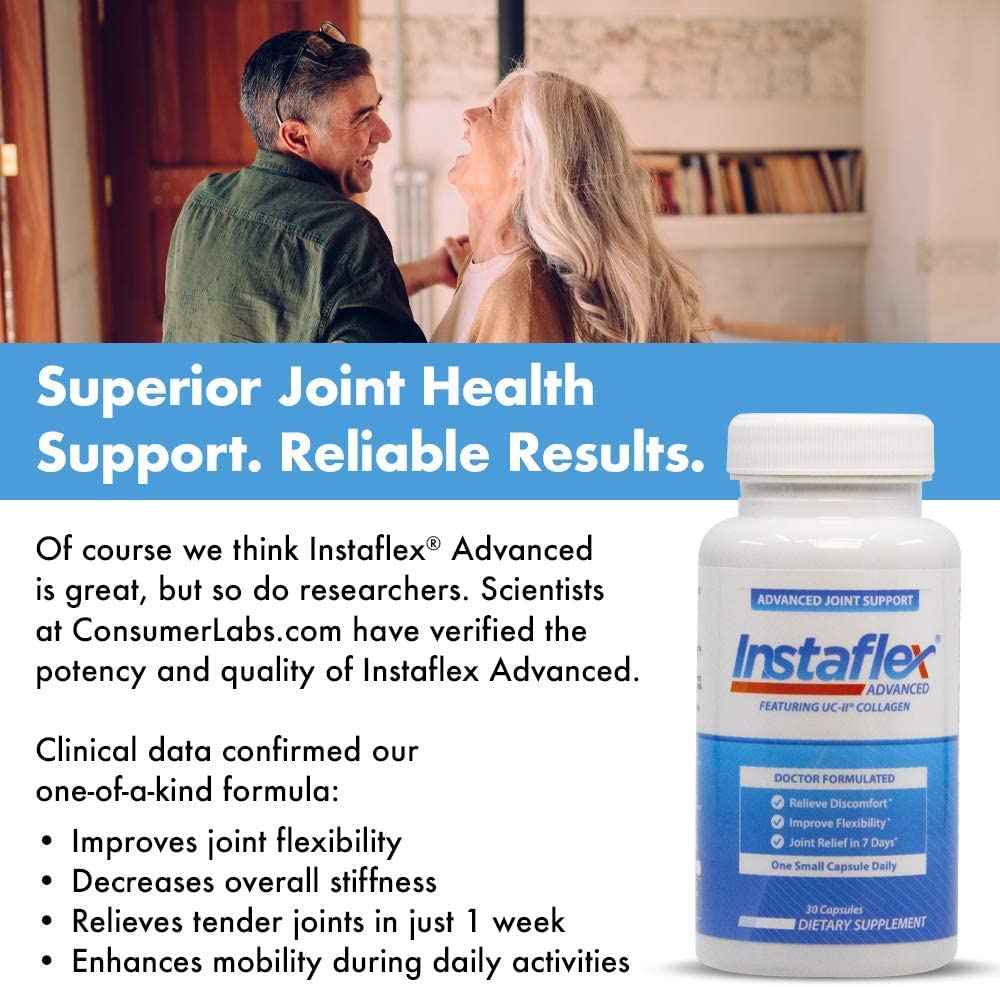 Label close-up of Instaflex Advanced emphasizing purity and science-backed ingredients
