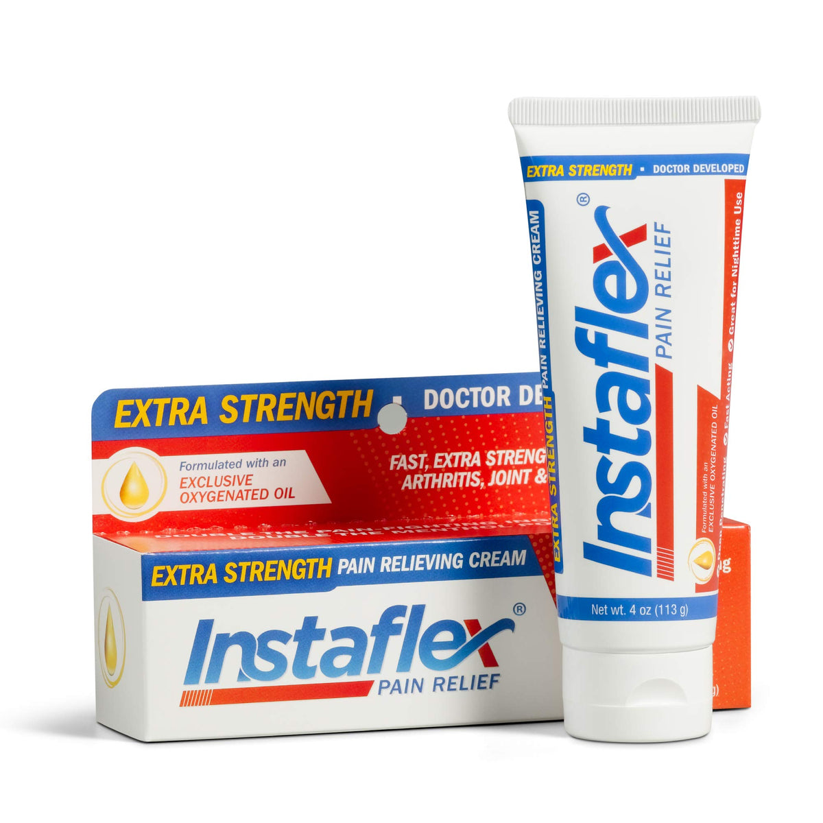 Instaflex extra-strength cream jar targets muscle and joint pain.