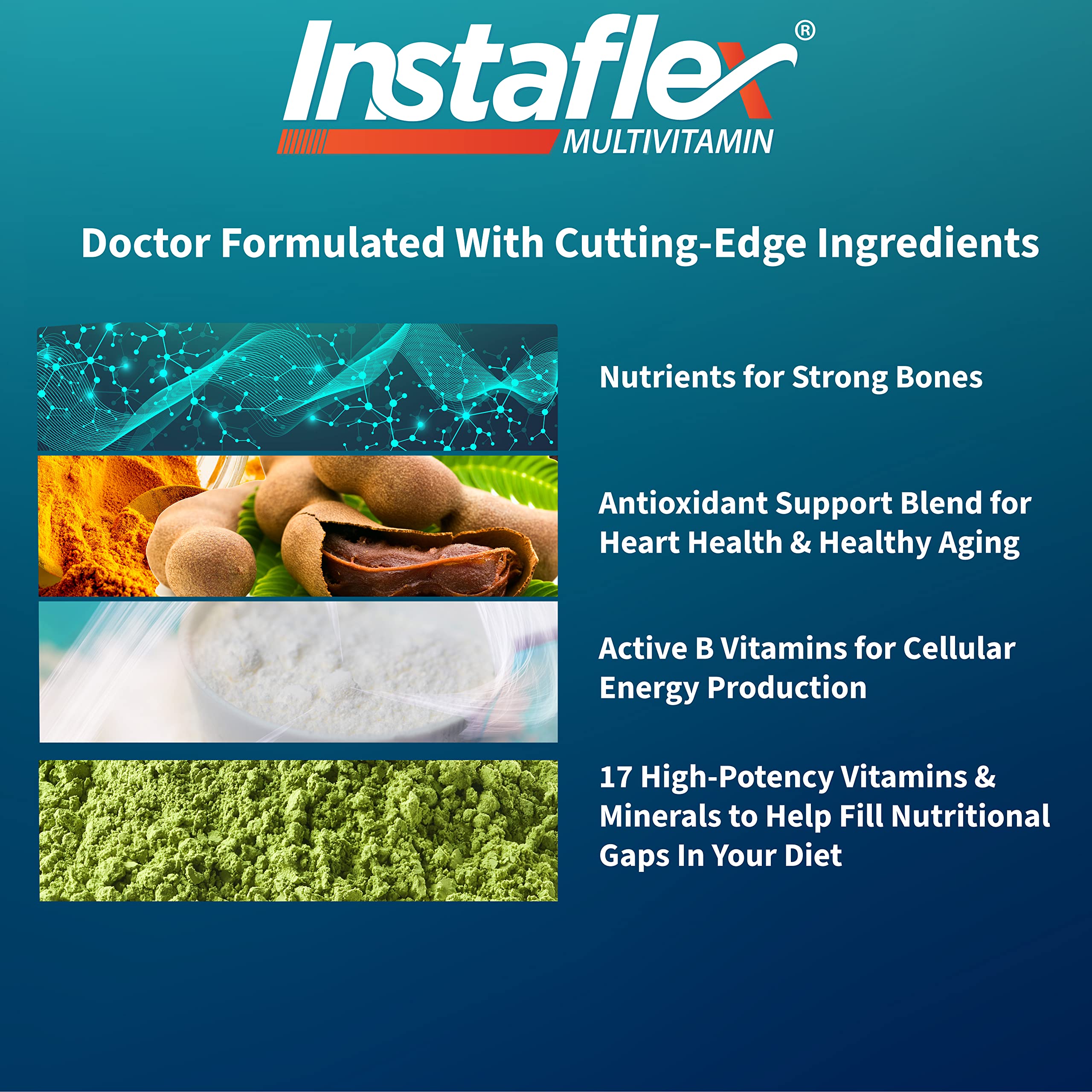 Instaflex Multivitamin packaging displays cGMP badge for quality manufacturing