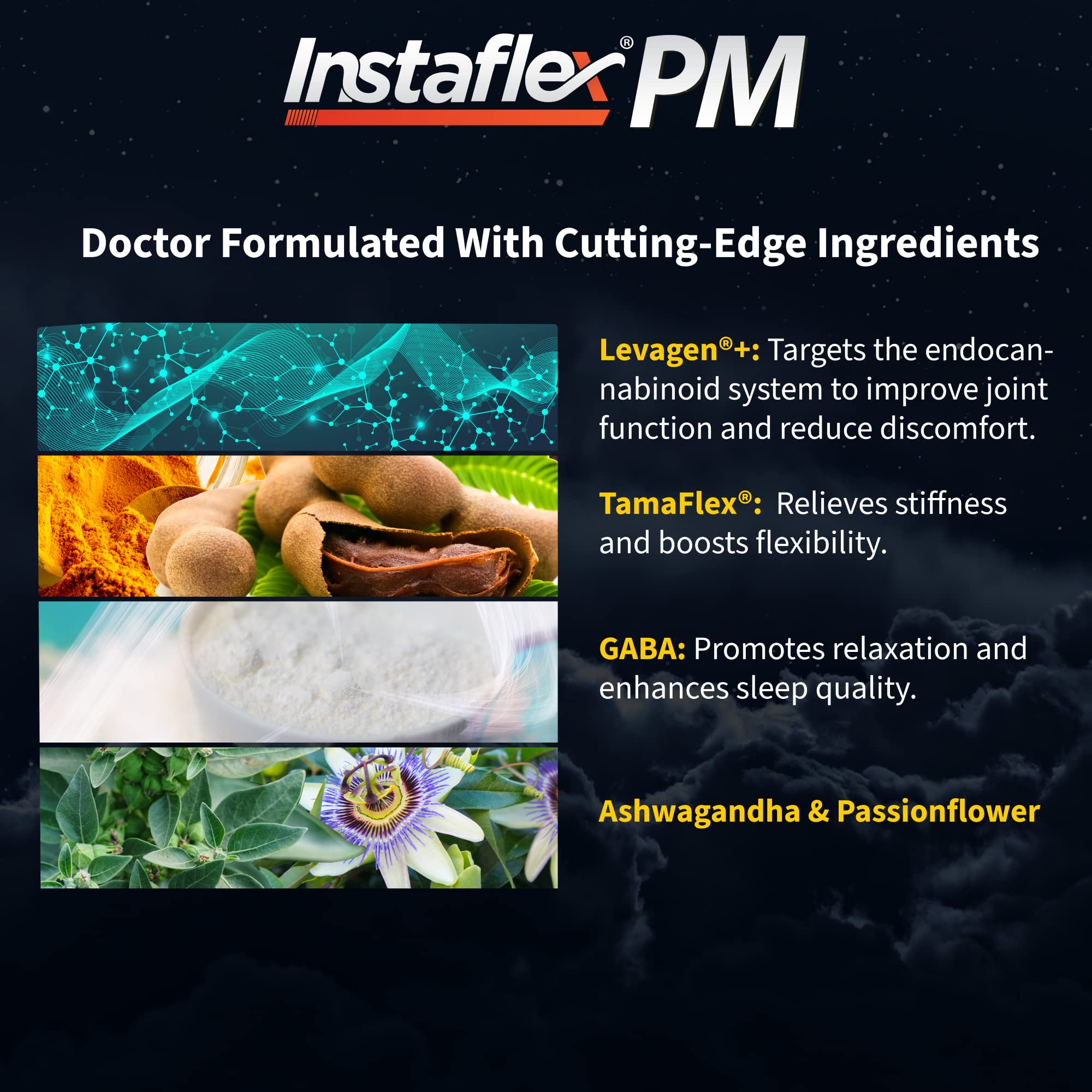 Instaflex PM GABA and Ashwagandha scene implies relaxation before sleep