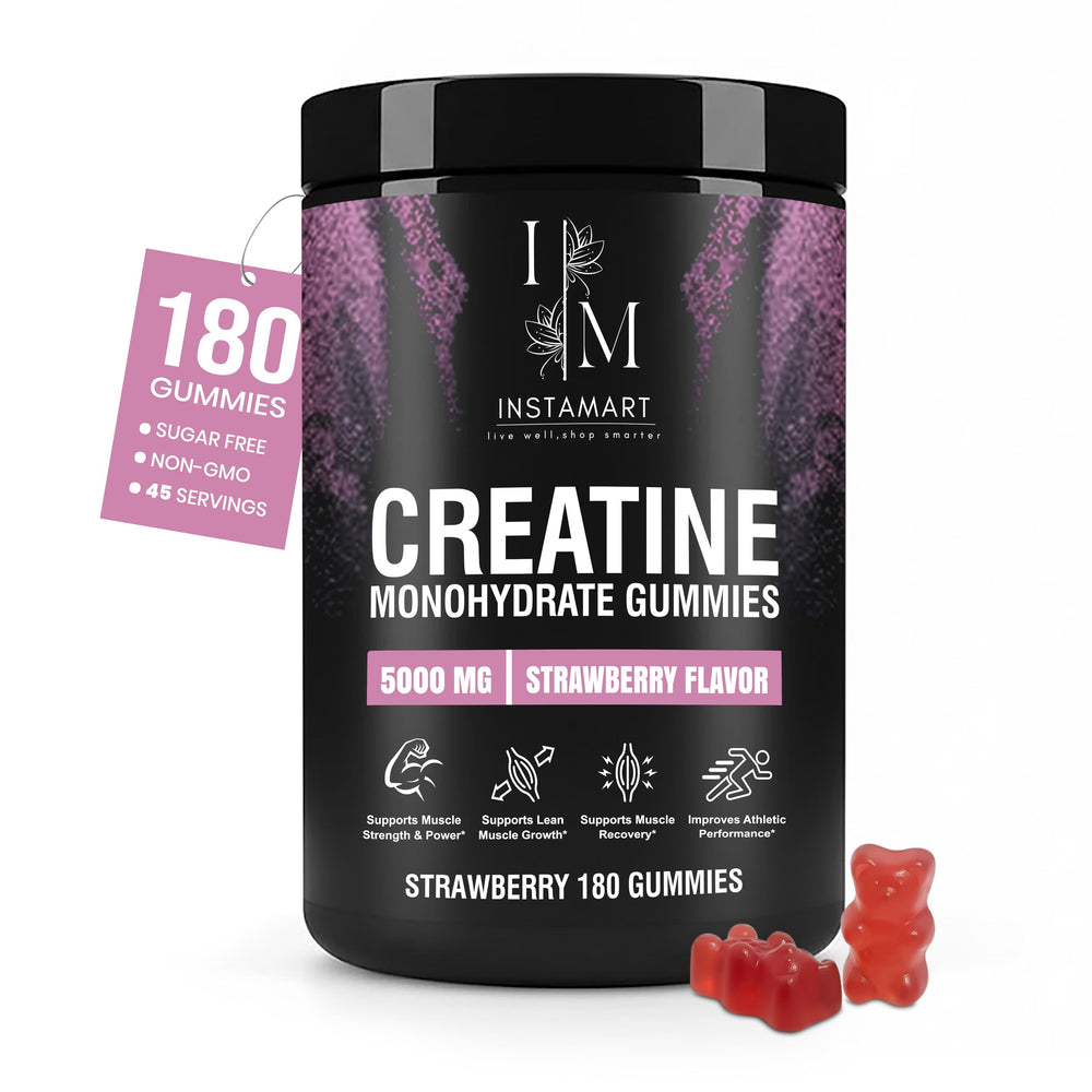 INSTAMART Creatine Gummies bottle front showing 180-count for muscle energy