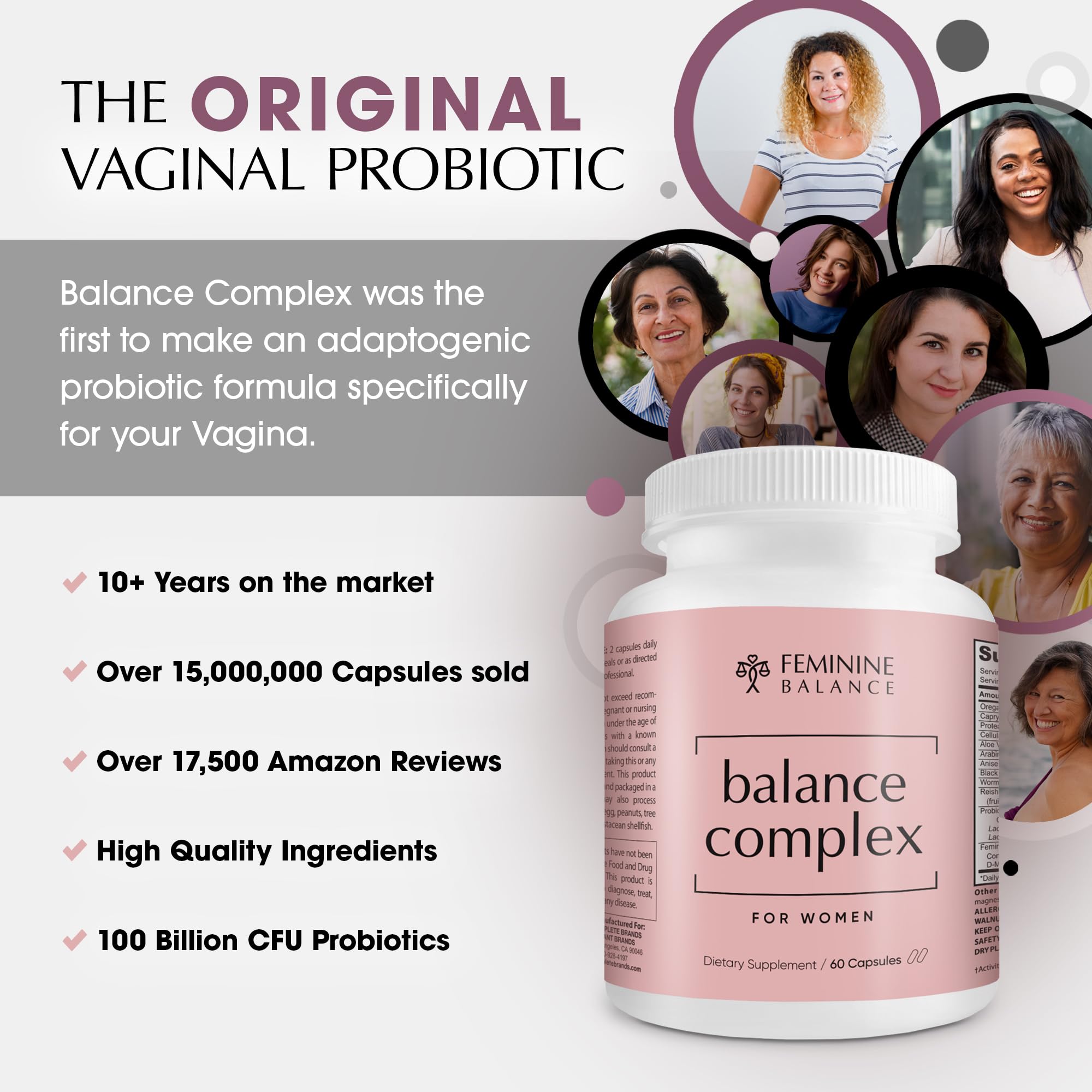 Balance Complex capsules close-up showing easy daily use for feminine wellness.