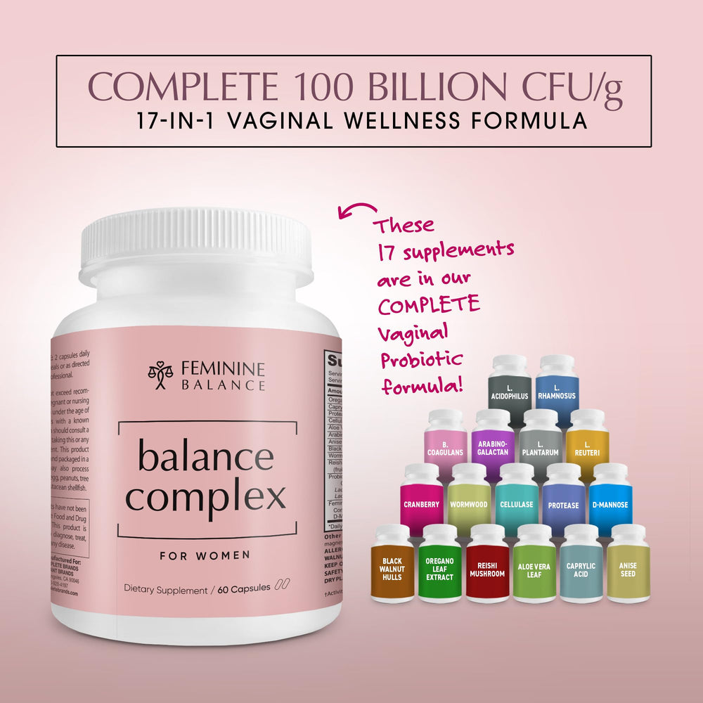 Balance Complex probiotic blend illustration depicts Lactobacillus strains for pH balance.