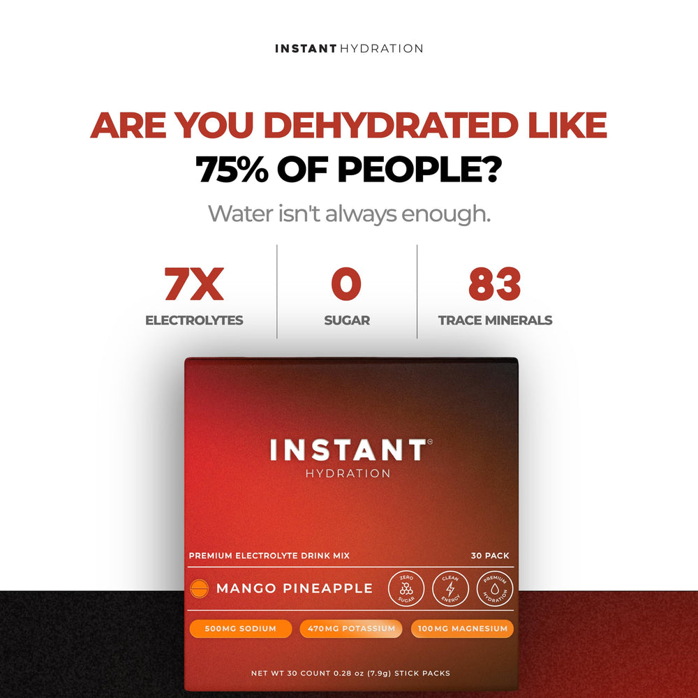 Glass of water with Instant Hydration Mango Pineapple ready to drink.