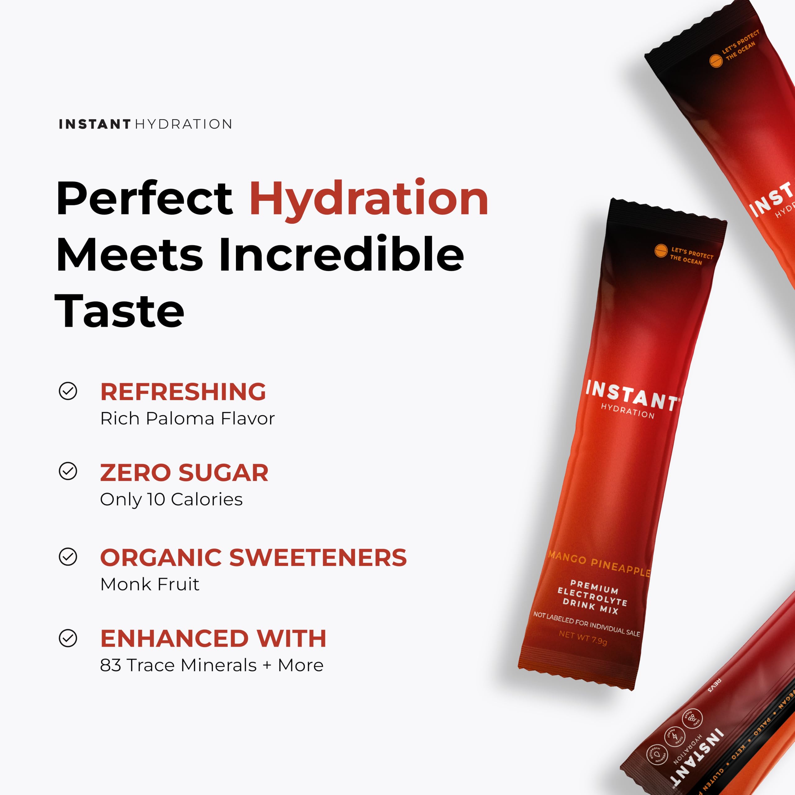 Nutrition panel highlights zero sugar and keto-friendly profile for Instant Hydration.