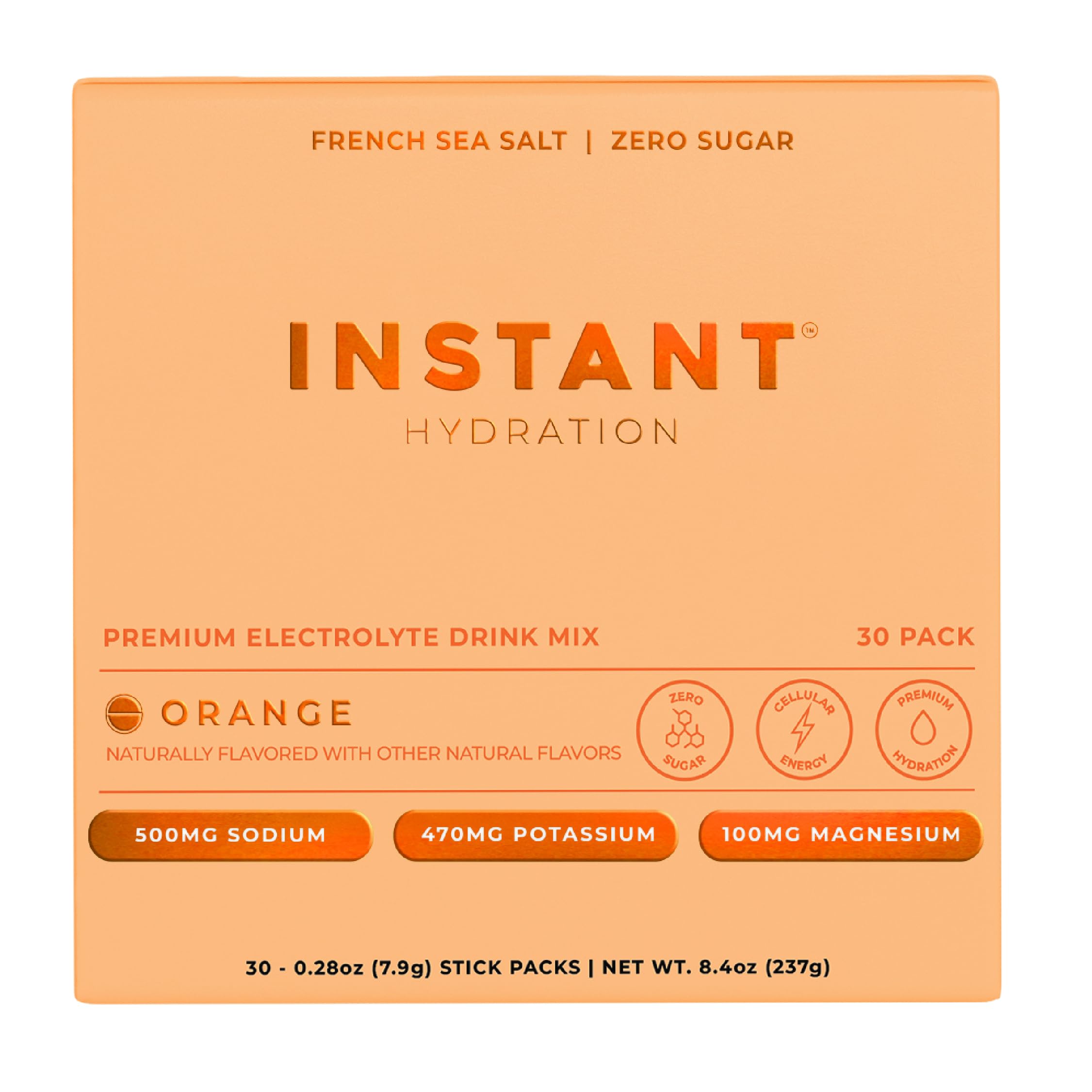 Instant Hydration orange-packets-front view for quick, zero-sugar hydration on the go.