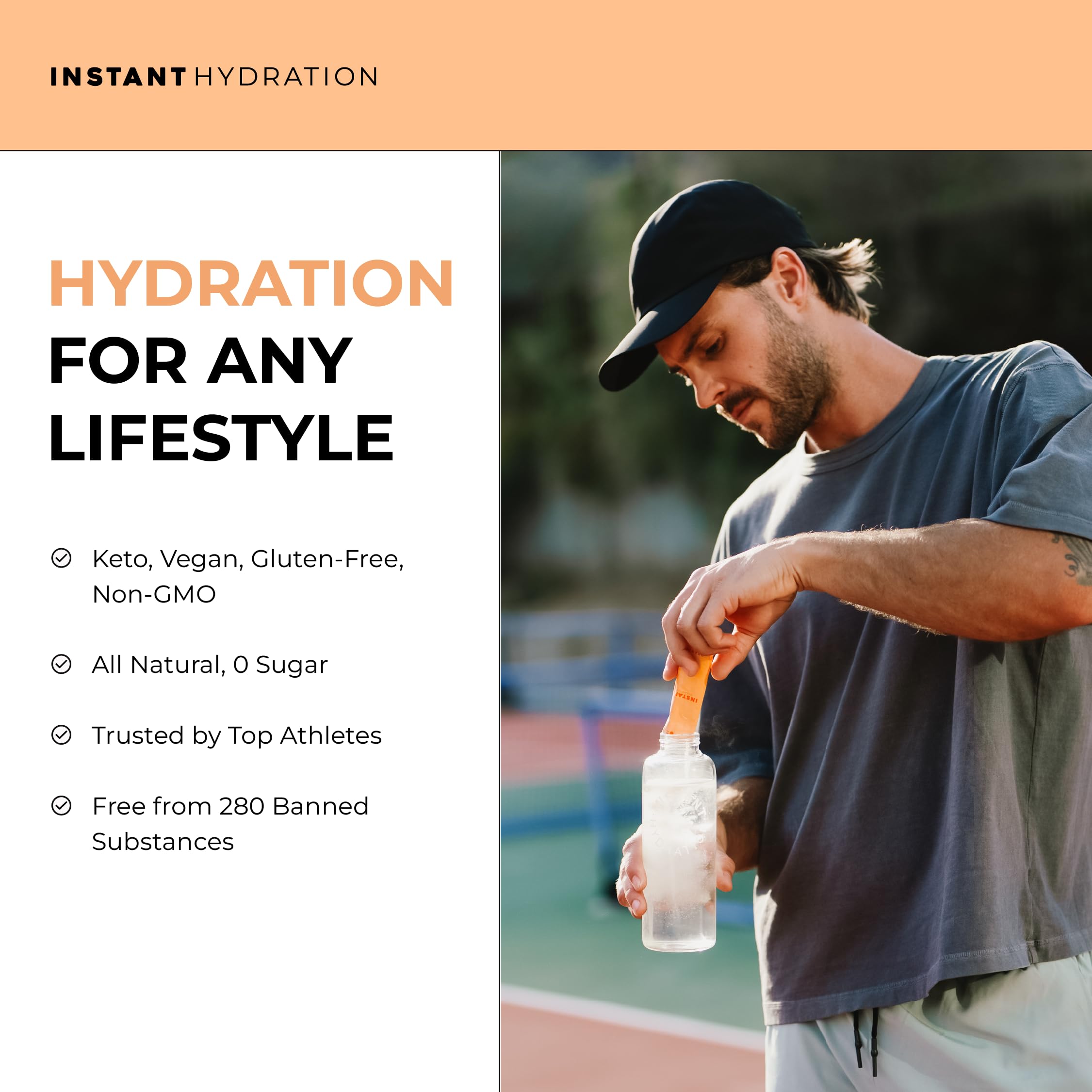 Instant Hydration-packaging-non-gmo-keto-vegan box label communicates dietary compatibility.