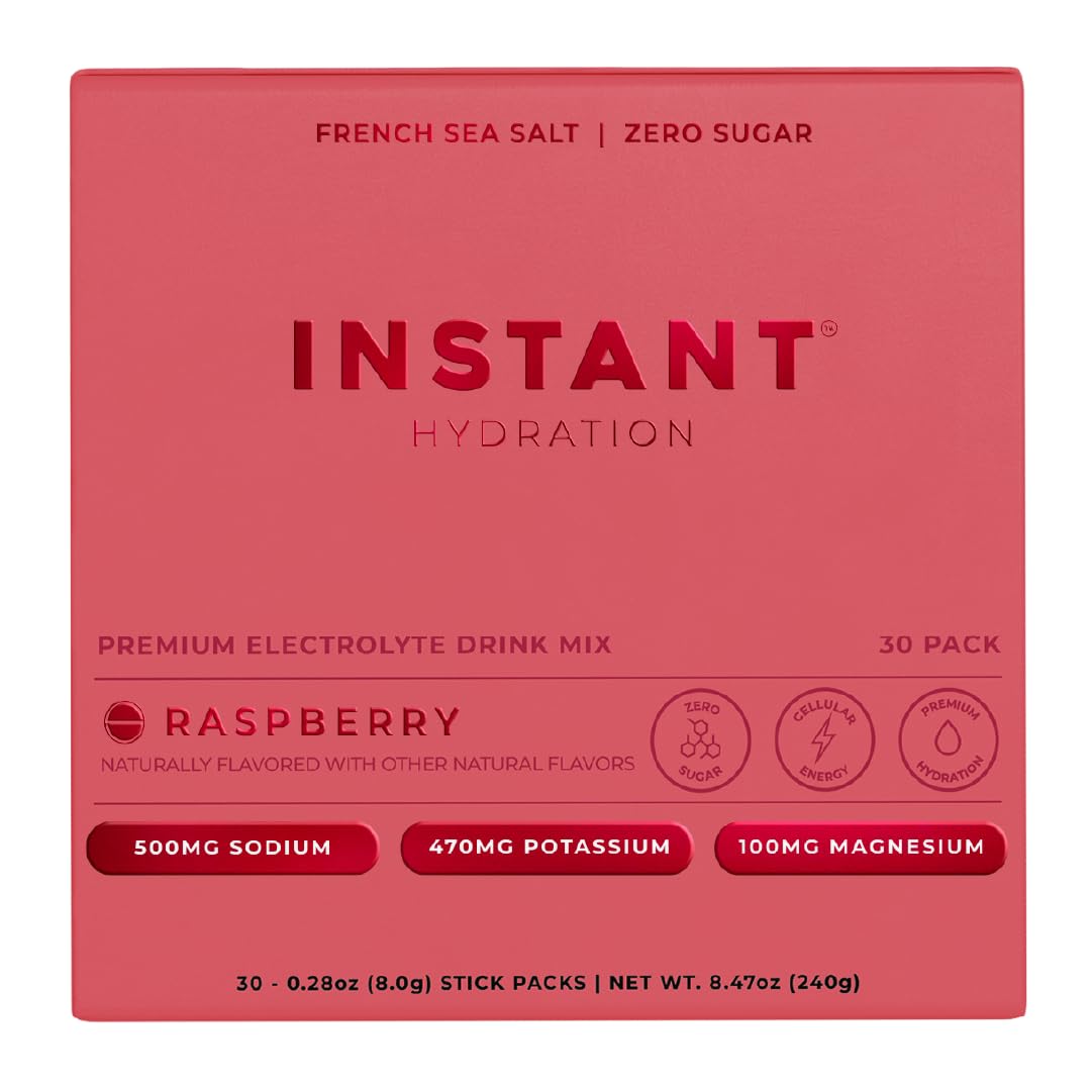 Instant Hydration raspberry packets front view for quick, zero-sugar hydration.