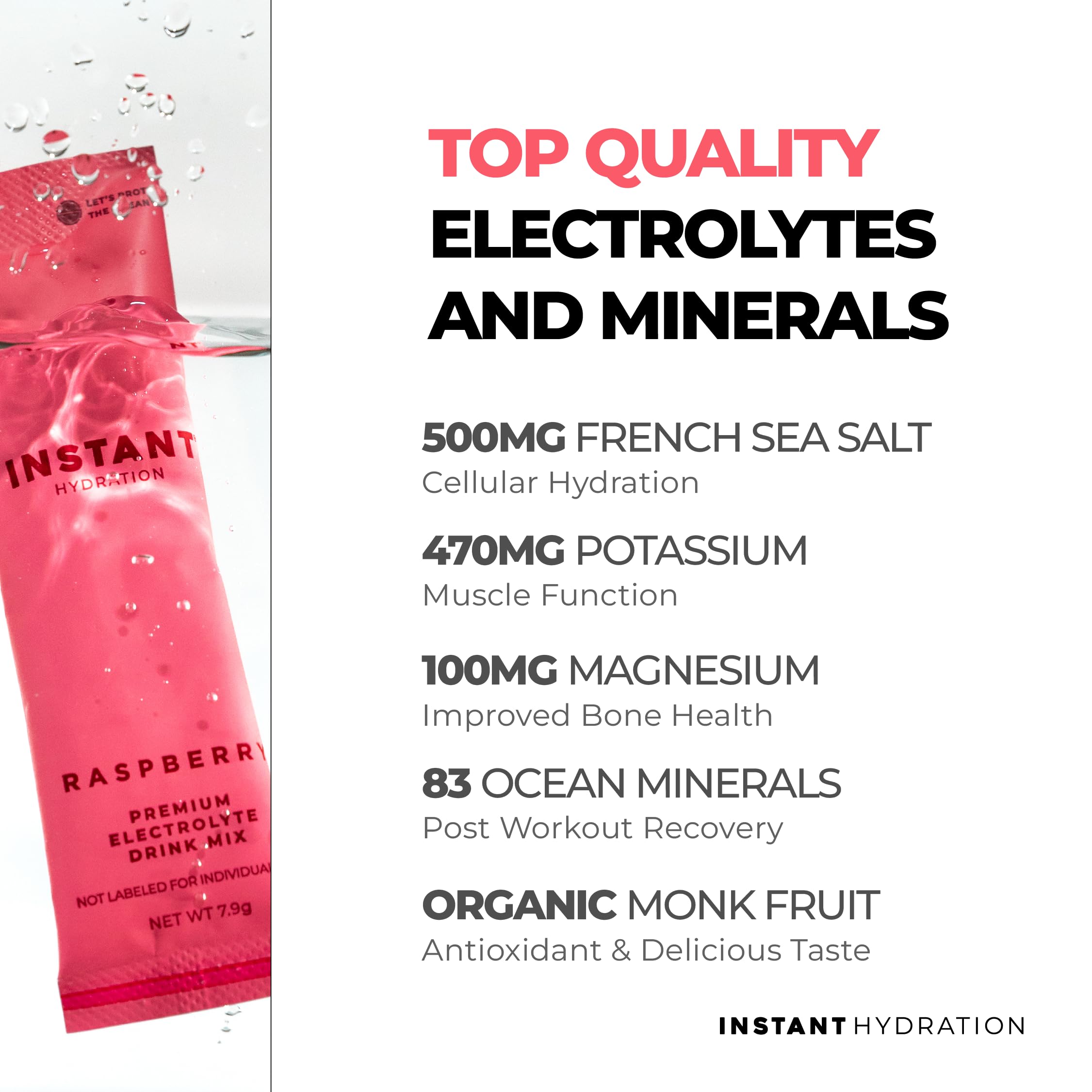 Instant Hydration raspberry packets opened beside a glass for on-the-go use.