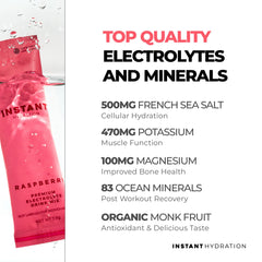 Instant Hydration raspberry packets opened beside a glass for on-the-go use.