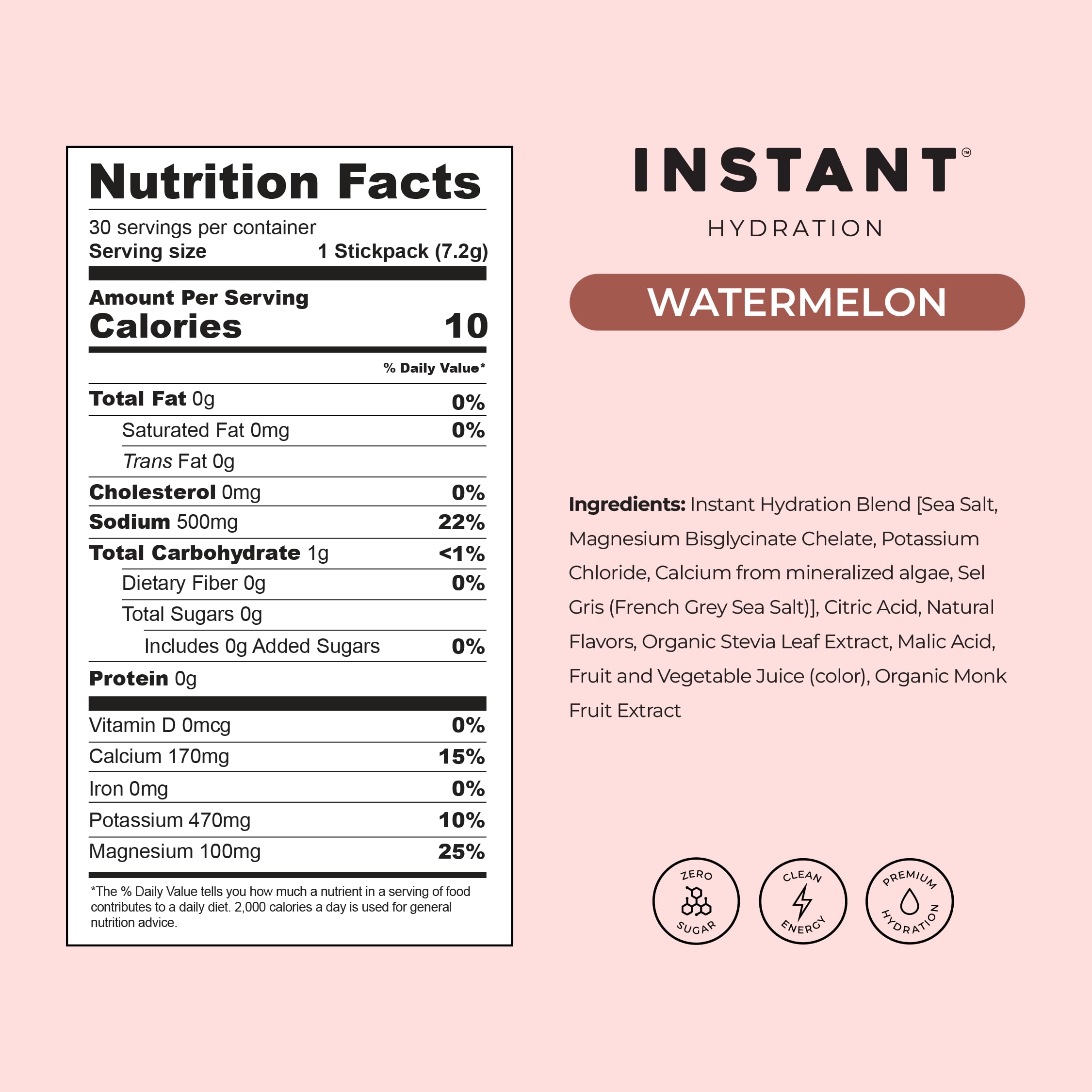 Zero sugar claim visible on Instant Hydration watermelon packaging.
