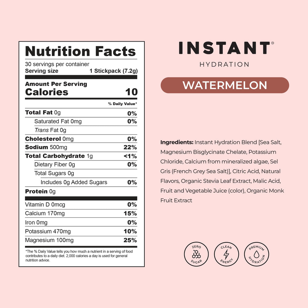 Zero sugar claim visible on Instant Hydration watermelon packaging.