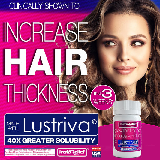 InstaRelief Lustriva bottle closeup highlighting easy daily use