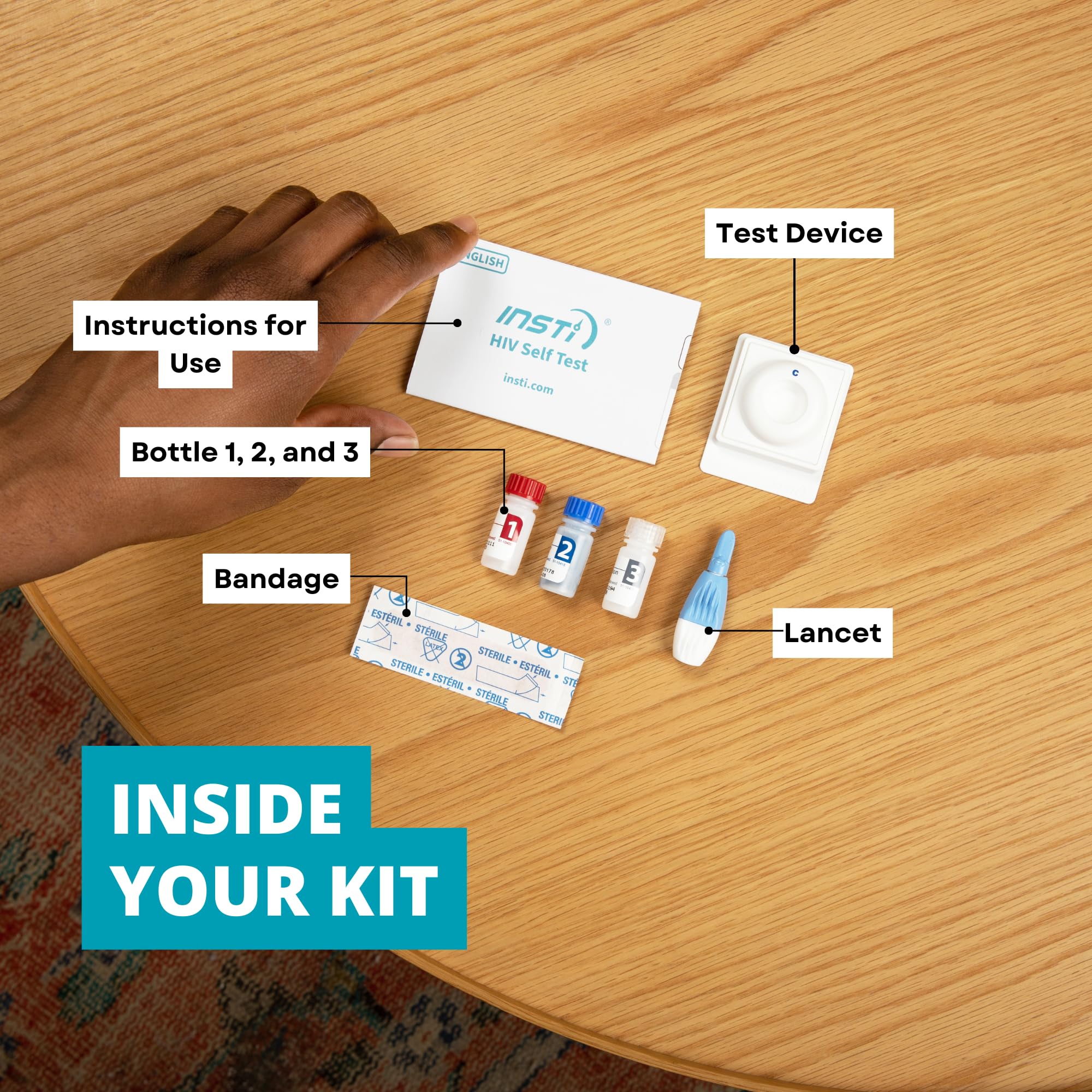 INSTI HIV Self Test result display appears in 60 seconds.