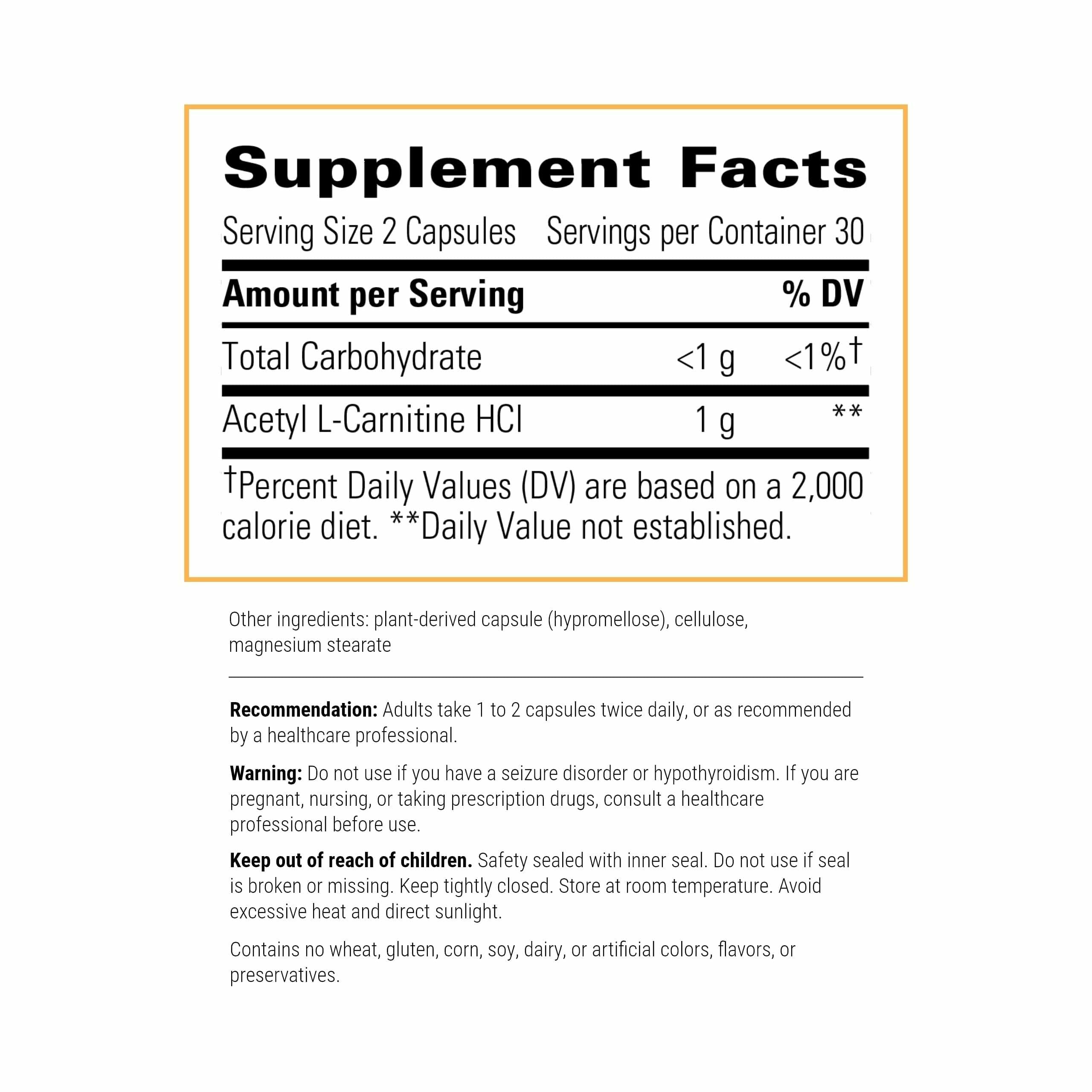 Close-up of Integrative Therapeutics Acetyl L-Carnitine capsules for brain support