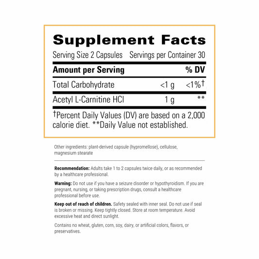 Close-up of Integrative Therapeutics Acetyl L-Carnitine capsules for brain support