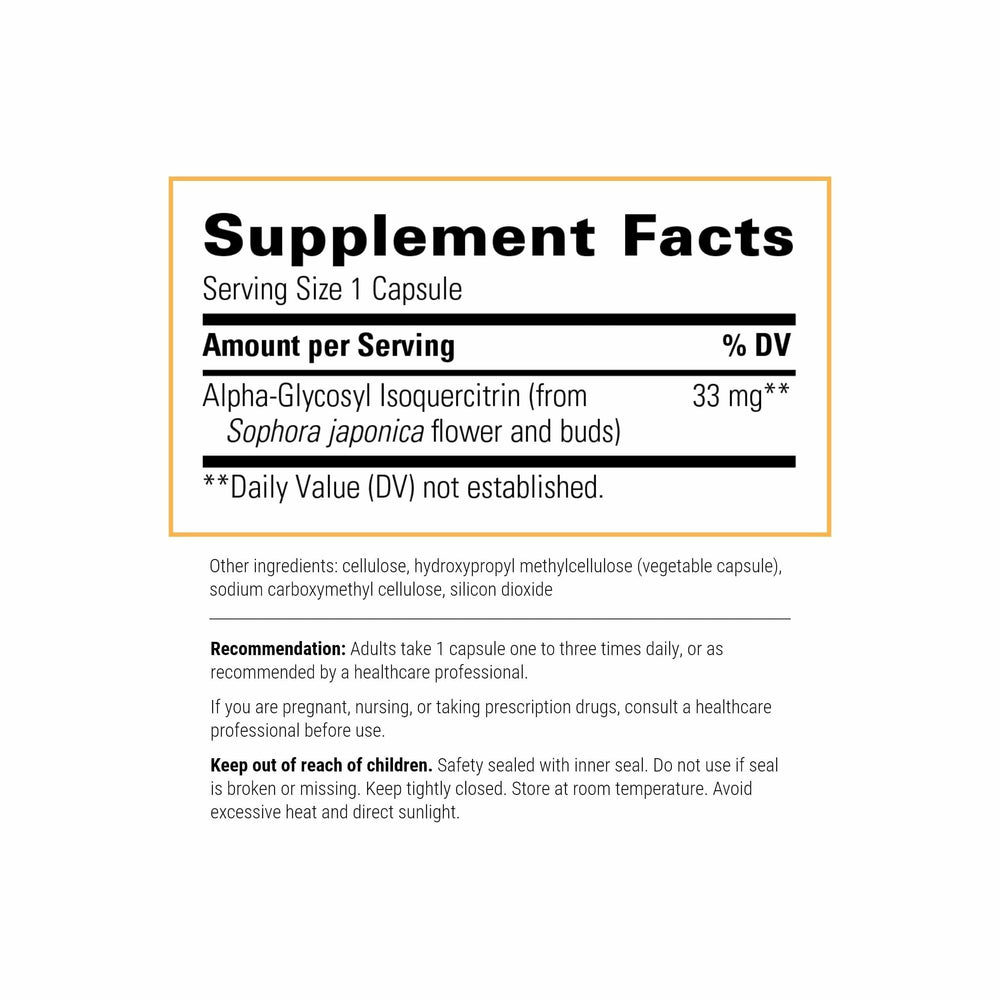Integrative Therapeutics Alpha-Glycosyl Isoquercitrin capsules close-up for absorption