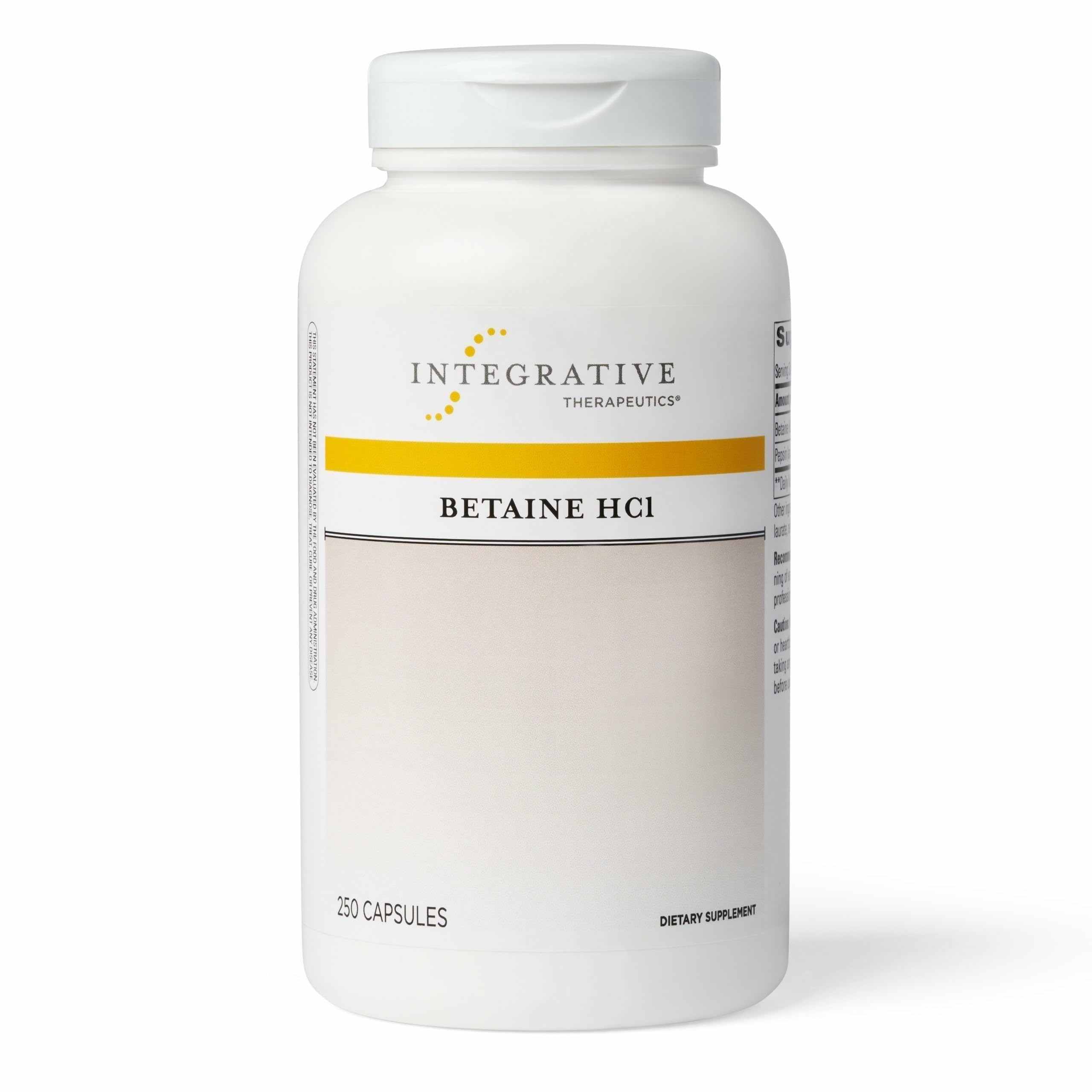 Integrative Therapeutics Betaine HCl bottle on a clean surface for digestive support