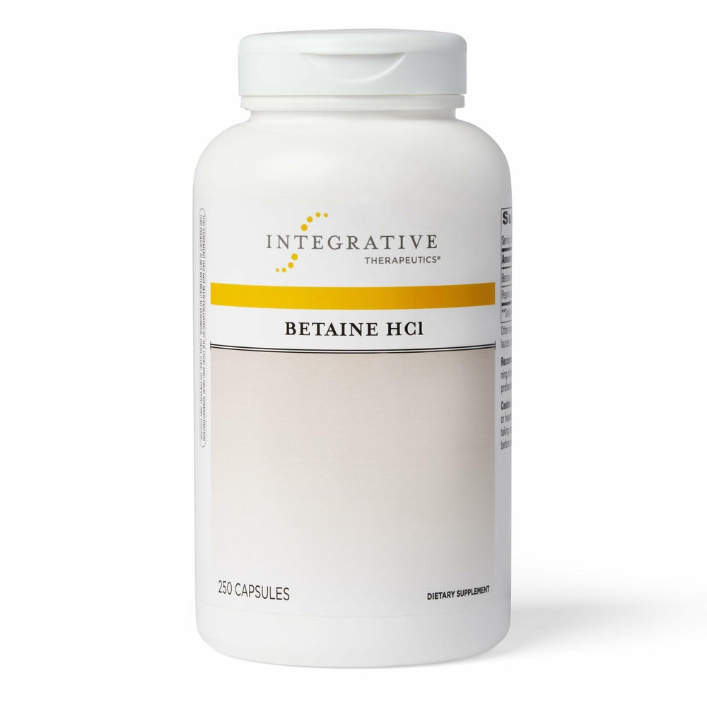 Integrative Therapeutics Betaine HCl bottle on a clean surface for digestive support