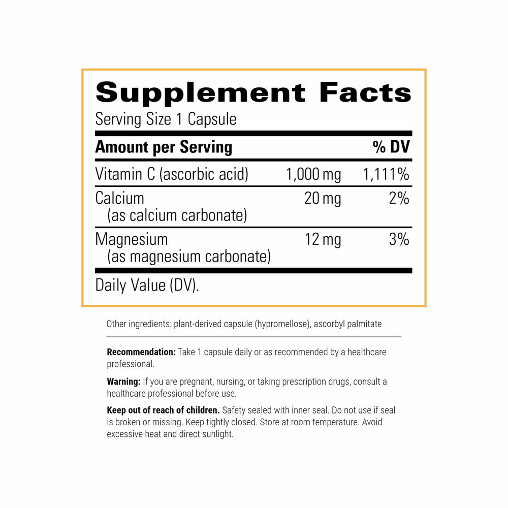 Integrative Therapeutics Buffered Vitamin C bottle back label shows capsule details and vegan gluten-free info