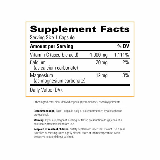 Integrative Therapeutics Buffered Vitamin C bottle back label shows capsule details and vegan gluten-free info