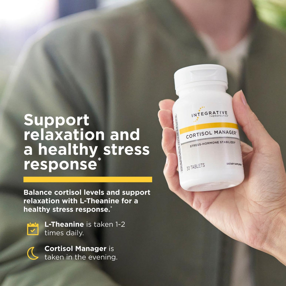 Integrative Therapeutics Cortisol Manager ashwagandha close-up suggesting adrenal balance.