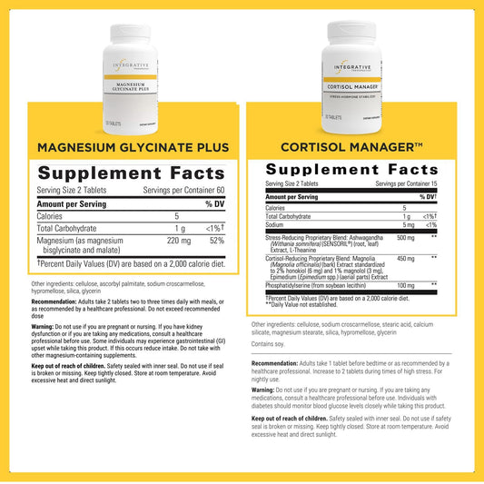 Close-up of Cortisol Manager label highlighting L-theanine and ashwagandha ingredients.