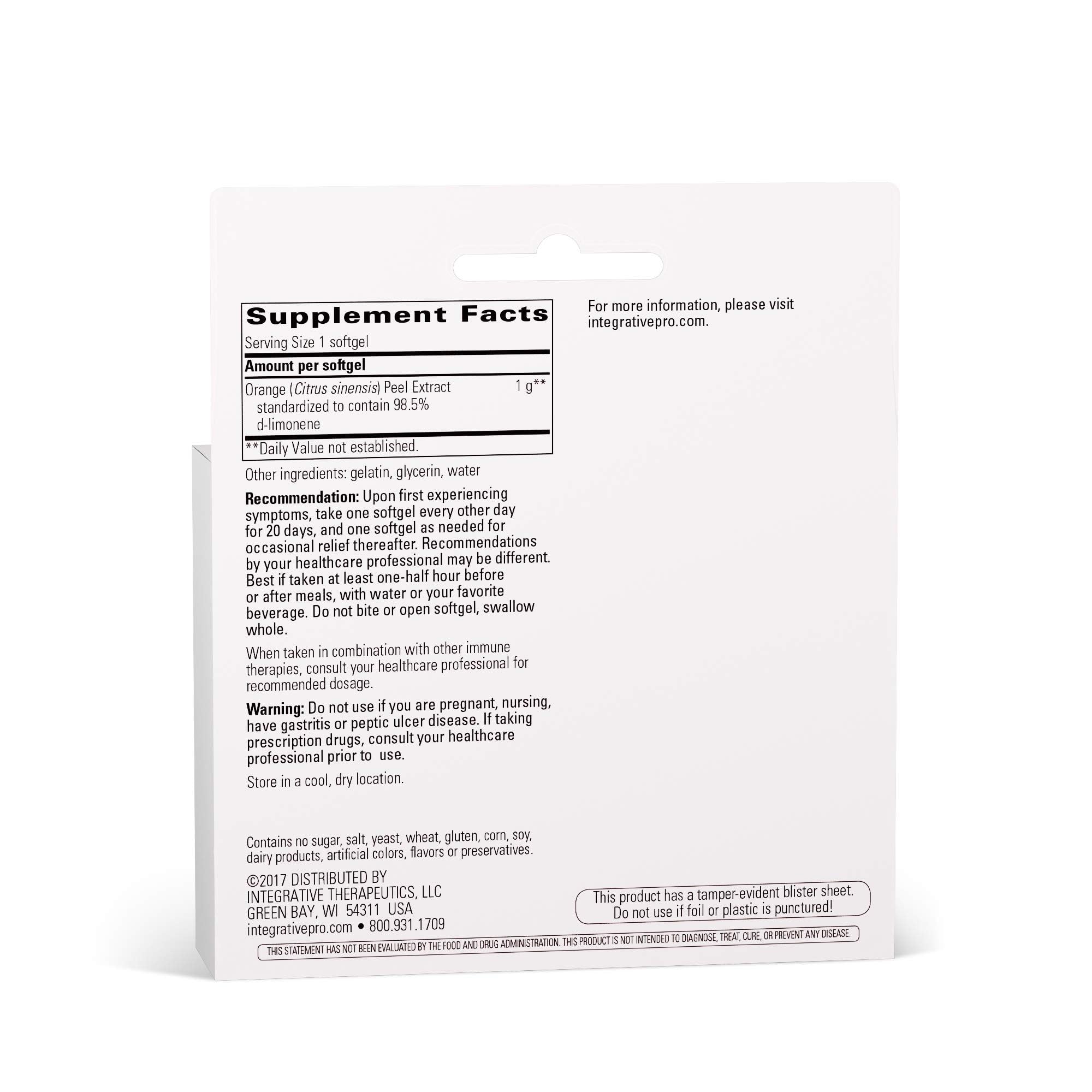 Integrative Therapeutics D-Limonene packaging box displays gluten-free and dairy-free formulation
