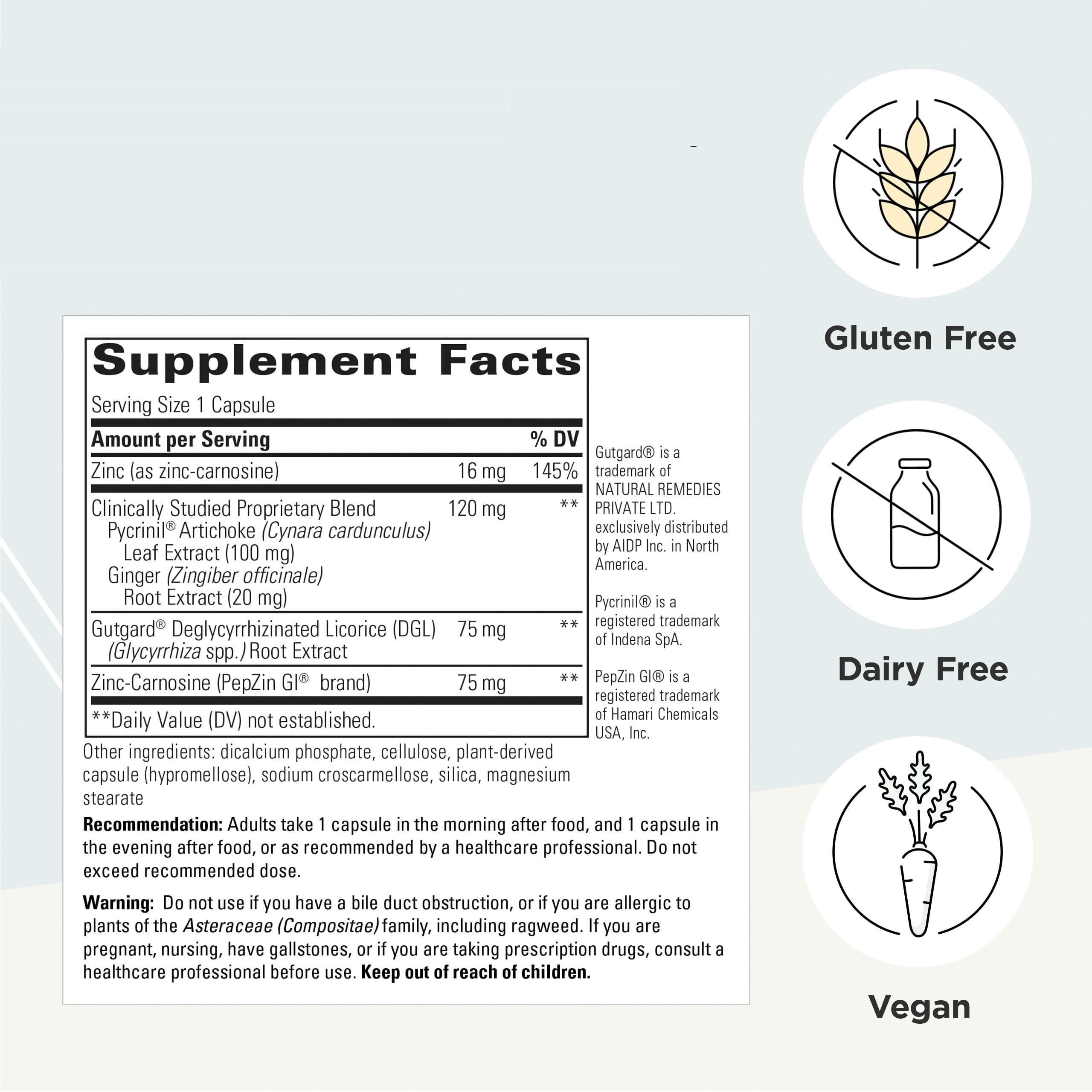 Integrative Therapeutics Heartburn Advantage label closeup highlighting gluten free and dairy free.