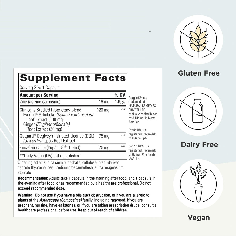 Integrative Therapeutics Heartburn Advantage label closeup highlighting gluten free and dairy free.