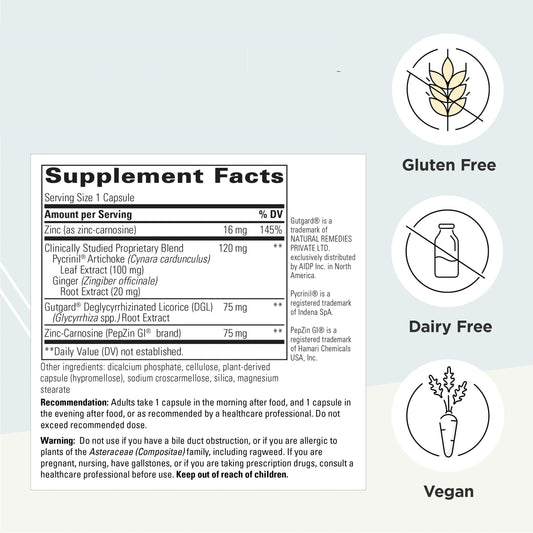 Integrative Therapeutics Heartburn Advantage label closeup highlighting gluten free and dairy free.
