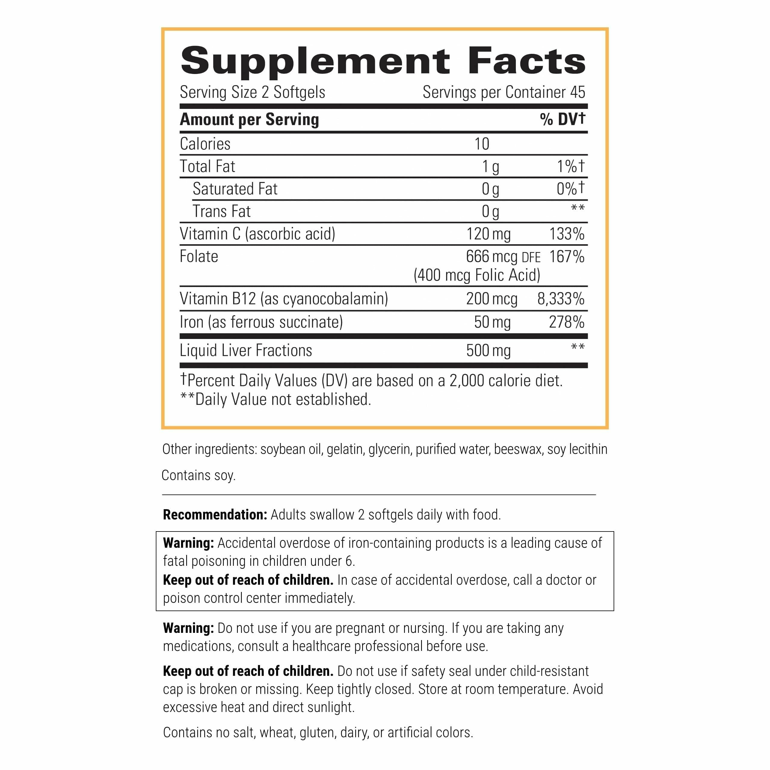 Integrative Therapeutics Iron Complex softgels closeup highlighting easy-to-swallow capsules for energy support.